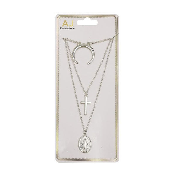 AJ-NK2104S Silver Layered Fashion Necklace : 1 DZ