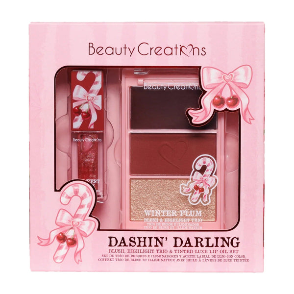 BC-XM26DD Dashin' Darling Blush & Highlight Trio & Tinted Luxe Lip Oil Set : 3 PC - CosmeticholicBeauty CreationsBCXM26DDFaceBeauty Creations Dashin' Darling Blush & Lip Oil Set BC-XM26DD – Winter Plum blush & highlight trio and tinted lip oil gift box on white background