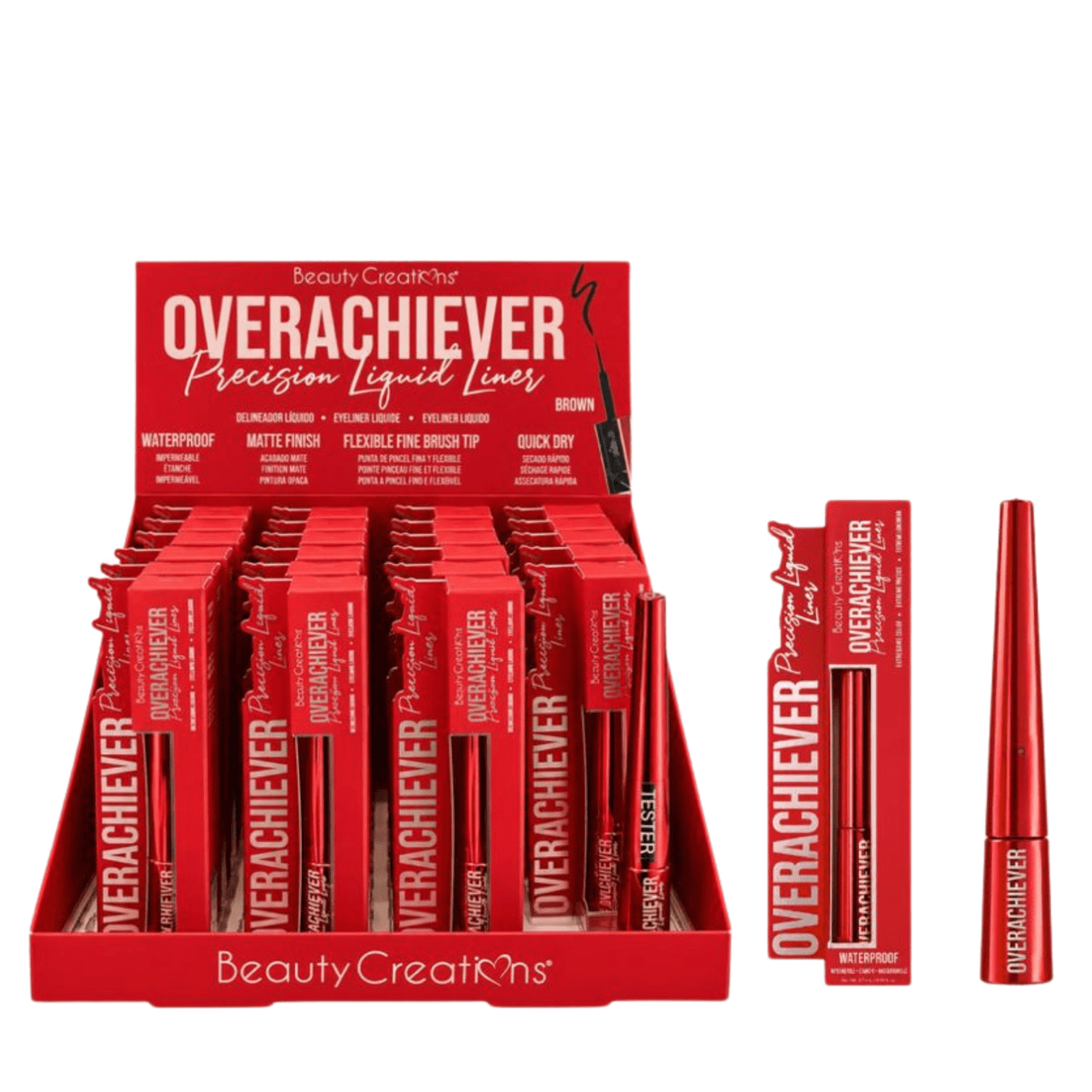 BC-XM26ELD Overachiever Precision Liquid Eyeliner Holiday Edition (Brown) 23PCS with 1 Tester - CosmeticholicBeauty CreationsBCXM26ELDEyesBeauty Creations Overachiever Precision Liquid Eyeliner Holiday Edition Brown BC-XM26ELD – 23 pc eyeliner display with tester