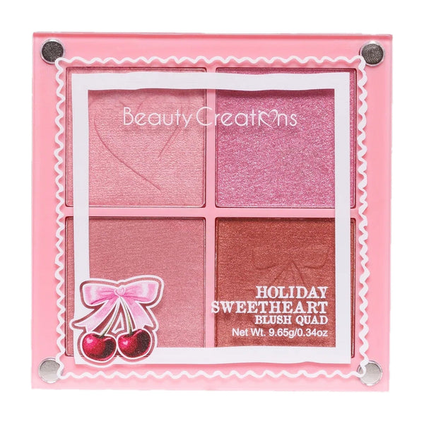 BC-XM26HS Holiday Sweetheart Blush Quad Palette : 3 PC - CosmeticholicBeauty CreationsBCXM26HSFaceBeauty Creations Holiday Sweetheart Blush Quad Palette BC-XM26HS – 4 pink and rose blush shades on white background