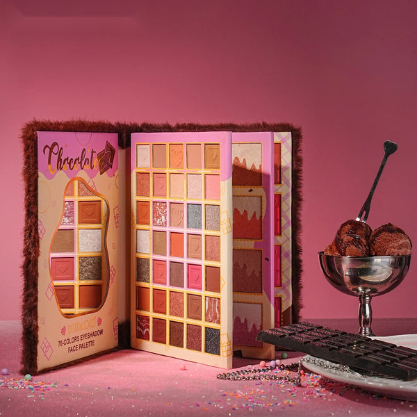 Kevin & Coco Chocolate Fuzzy 76-Color Book Palette KC1402 – open palette with eyeshadow, blush and highlighter shades