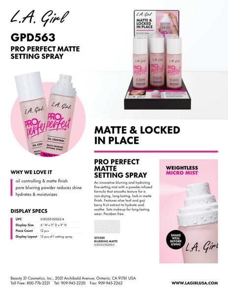 LAG - GPD563 12PC Pro Perfect Setting Spray 'Matte' with Display : 1 SET - CosmeticholicL.A GirlLAGGPD563FaceLAG - GPD563 12PC Pro Perfect Setting Spray 'Matte' with Display : 1 SET