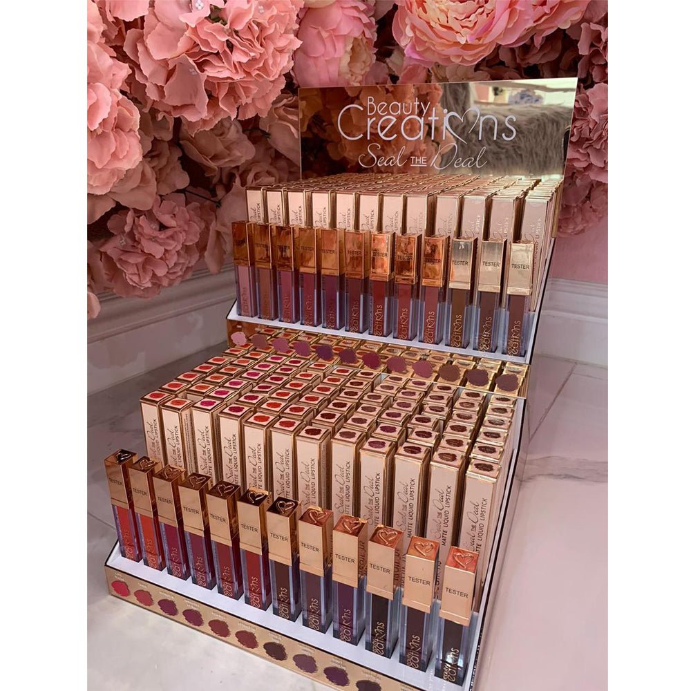 BC - DLP05 : Seal The Deal Matte Liquid Lipstick Display Set 144 PC + 24 Testers - CosmeticholicBeauty CreationsBCDLP05LipsBeauty Creations Seal The Deal Matte Liquid Lipstick Display Set Wholesale - Cosmeticholic