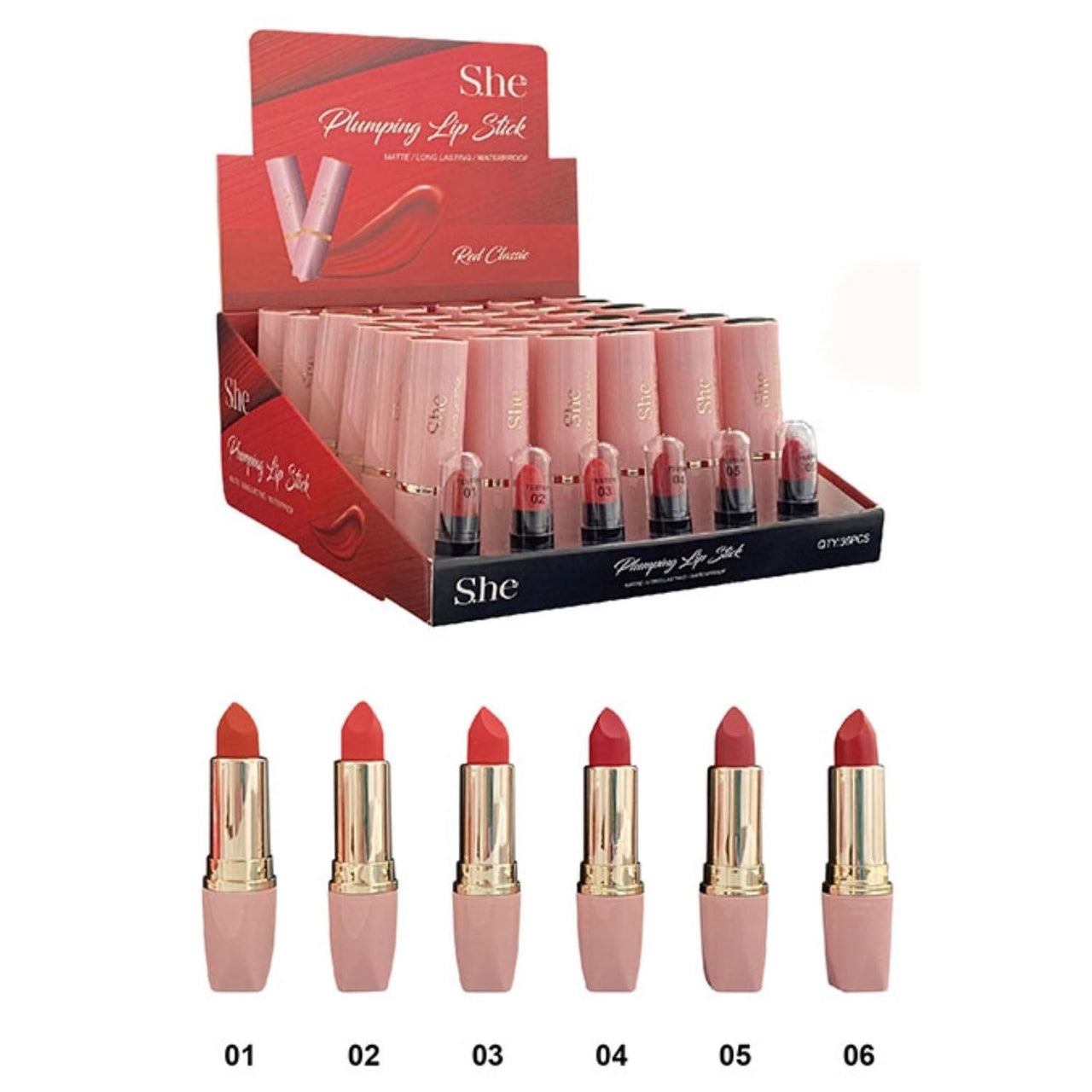 SH - LS520A Plumping Lipstick 'Red Classic' with Samples : 36 PCS - CosmeticholicS.heSHLS502ALipsS.he LS520A Plumping Lipstick 'Nude Classic' with Samples Cosmetic Wholesale - Cosmeticholic