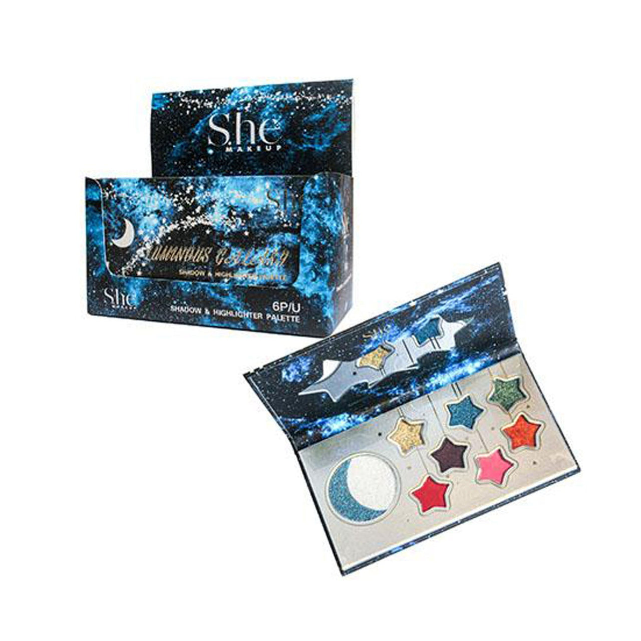 SH - SP16 Luminous Galaxy Shadow & Highligter Palette : 6 PC - CosmeticholicS.heSHSP16EyesMake Up S.he SP16 Luminous Galaxy Shadow & Highligter Palette Cosmetic Wholesale - Cosmeticholic